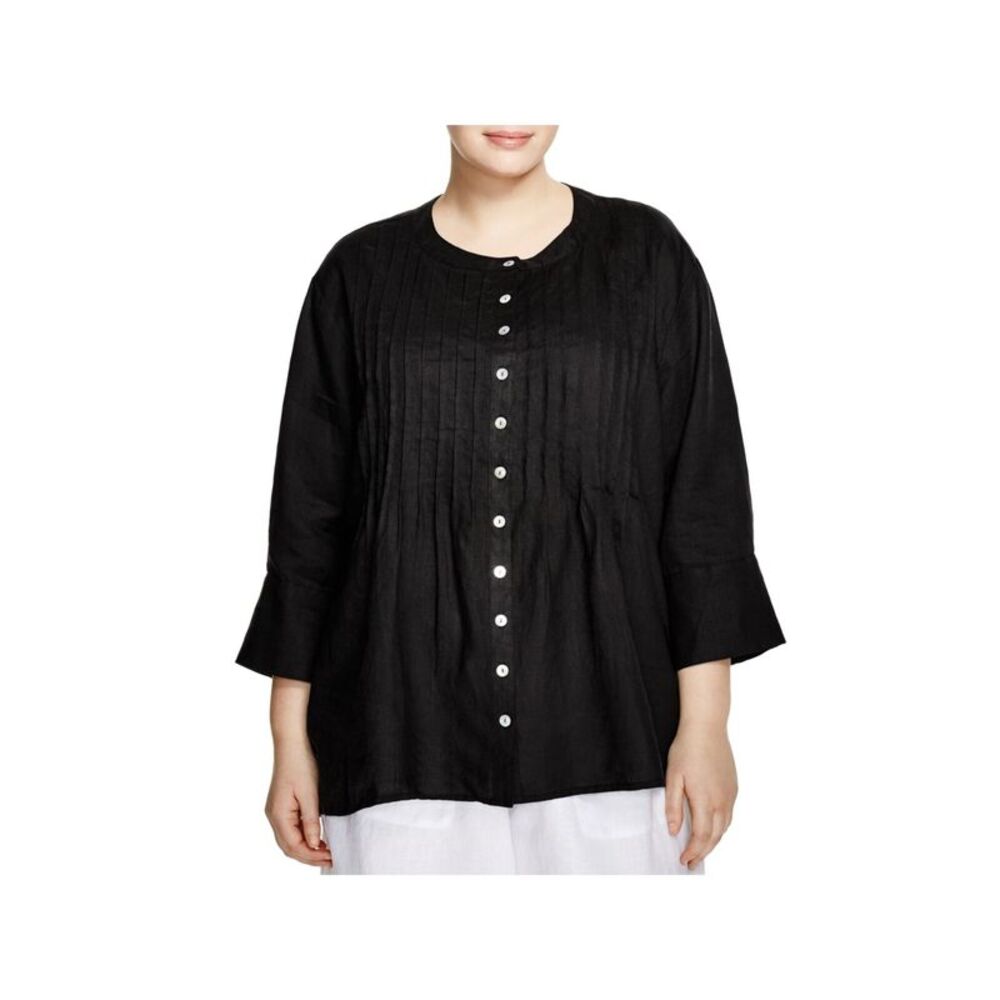 ALLEN ALLEN Womens Pintucked 3/4 Sleeve Crew Neck Wear To Work Button Up Top